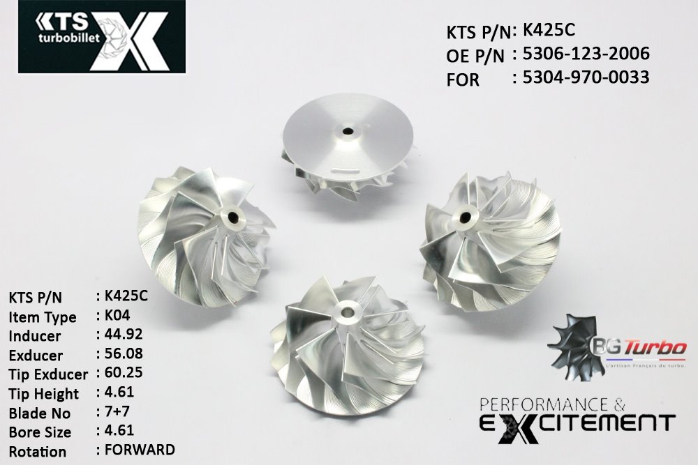 Turbo ROUE FORGÉE MFS PERFORMANCE - 7+7 PALES - INDUCER : 44,9202 - EXDUCER : 56,08 - TYPE : K04ANGLE : 65° - ROTATION : Forward - SUPER BACK : 1,8 - BORE SIZE : 4,61
